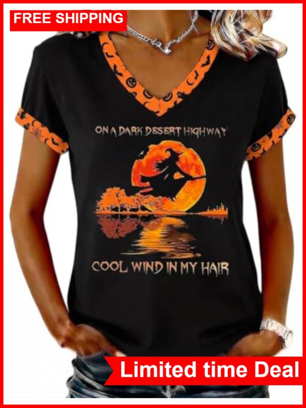 Halloween V-Neck Witch Moon T-Shirt Short Sleeve Spooky Graphic Tee Women Casual